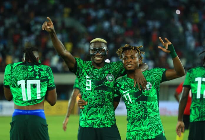 Saudi Arabia vs Super Eagles: Victor Osimhen of Nigeria celebrates with goalscorer Samuel Chukwueze during the 2023 Africa Cup of Nations Qualifiers